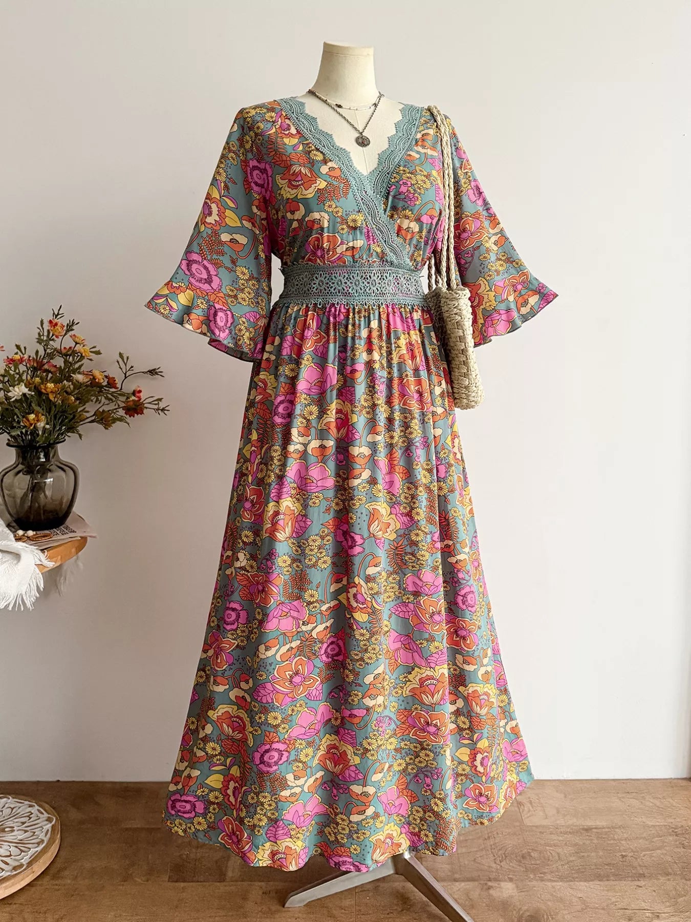 Plus Size Lace Detail Floral Surplice Dress - Glamourous Grace