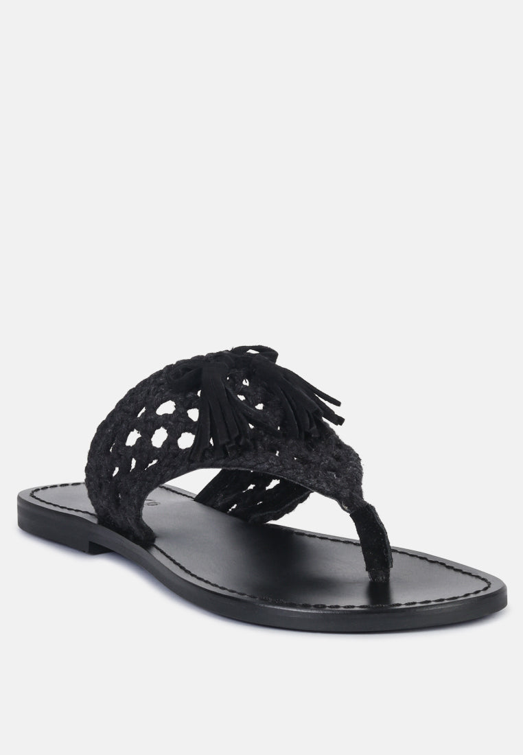 Beech Handwoven Natural Suede Tassel Thong Flats - Glamourous Grace