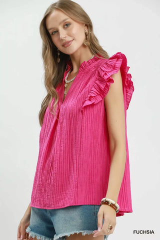 Umgee Textured Ruffle Sleeve Split V Neck Top - Glamourous Grace