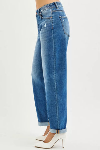 RISEN Mid Rise Barrel Double Roll Up Jeans