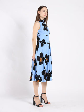 Big Flower Print Mdii  Dress With Gathered Neck