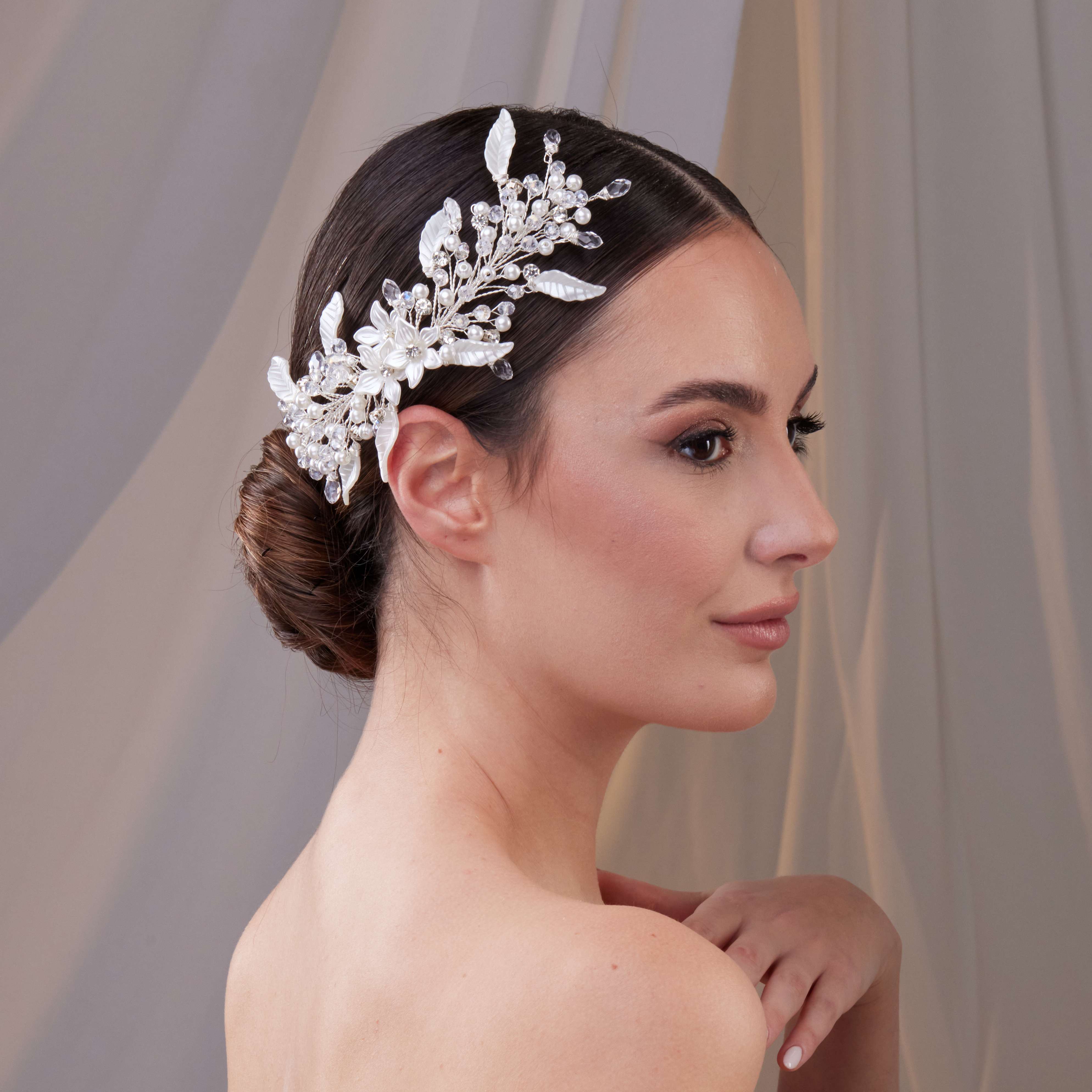 Resin Flower and Pearl Wedding Hair Vine - Glamourous Grace