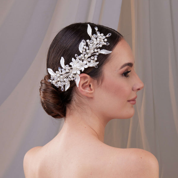 Resin Flower and Pearl Wedding Hair Vine - Glamourous Grace