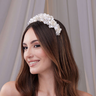 Handmade Pearl and Resin Flower Wedding Hair Band - Glamourous Grace