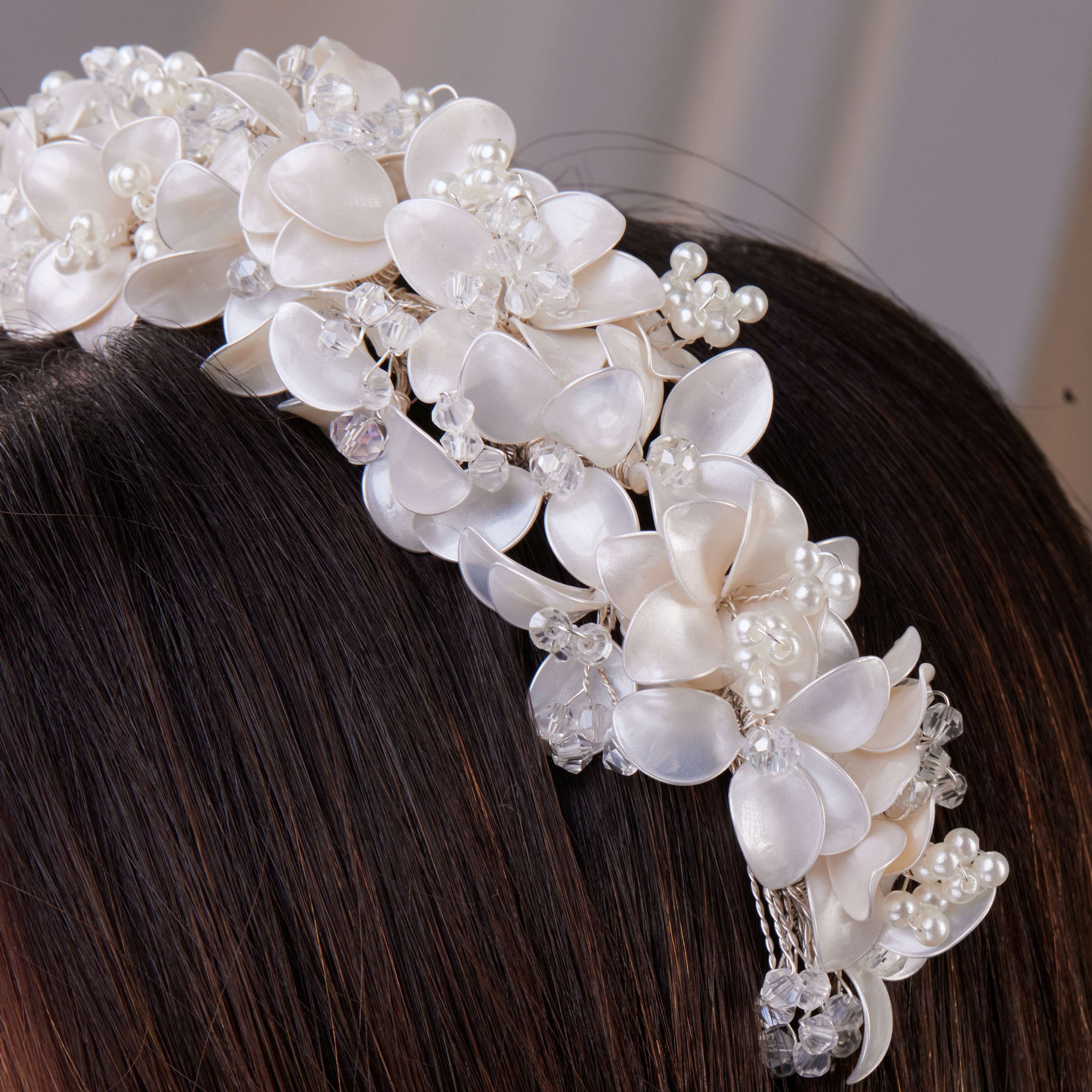 Handmade Pearl and Resin Flower Wedding Hair Band - Glamourous Grace