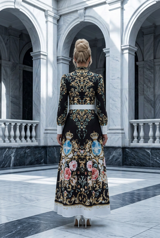 Black & White Baroque Print Belted Maxi Dress