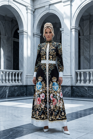 Black & White Baroque Print Belted Maxi Dress