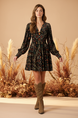 Black Boho Print Mini Dress Editorial
