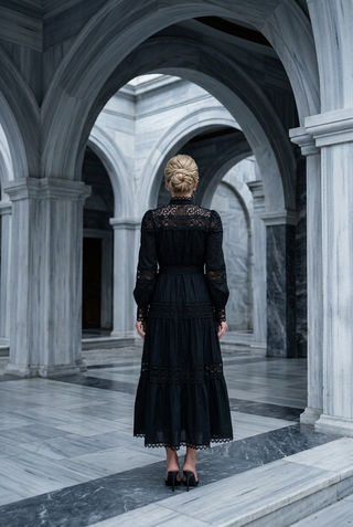 Black Lace Trim Tiered Maxi Dress