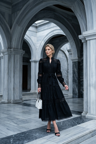 Black Lace Trim Tiered Maxi Dress