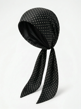 Silk Headscarf with Ties - Black Polka Dot