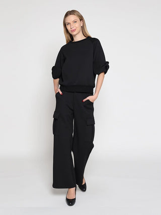Bow detail sleeve round neck solid top
