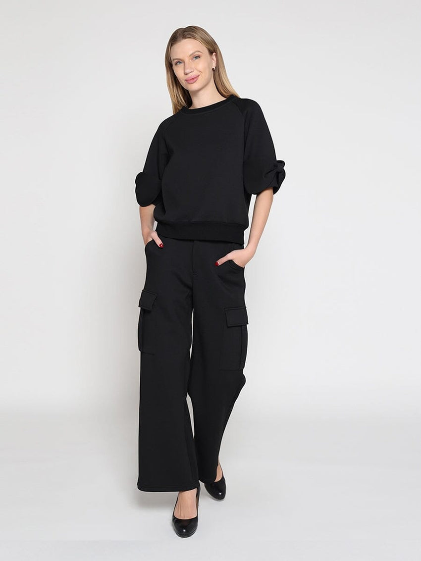 Bow detail sleeve round neck solid top