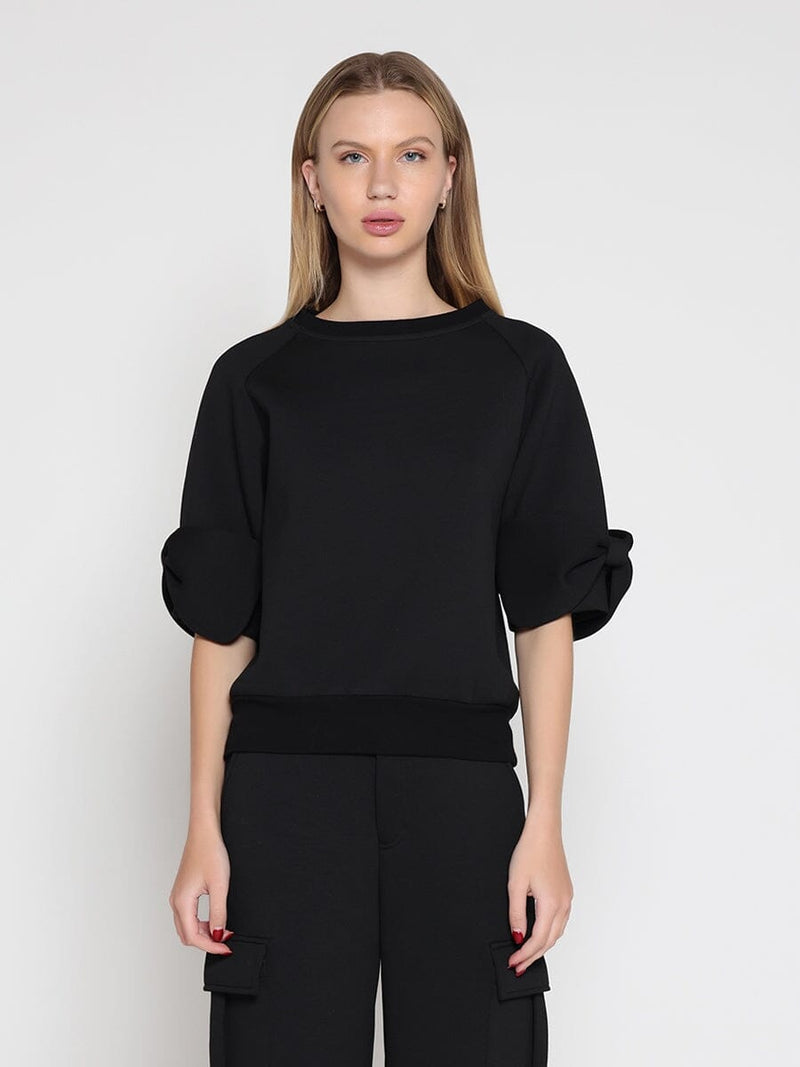 Bow detail sleeve round neck solid top - Glamourous Grace