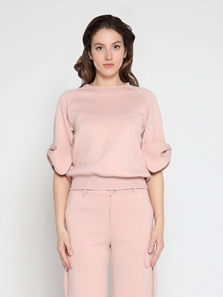 Bow detail sleeve round neck solid top