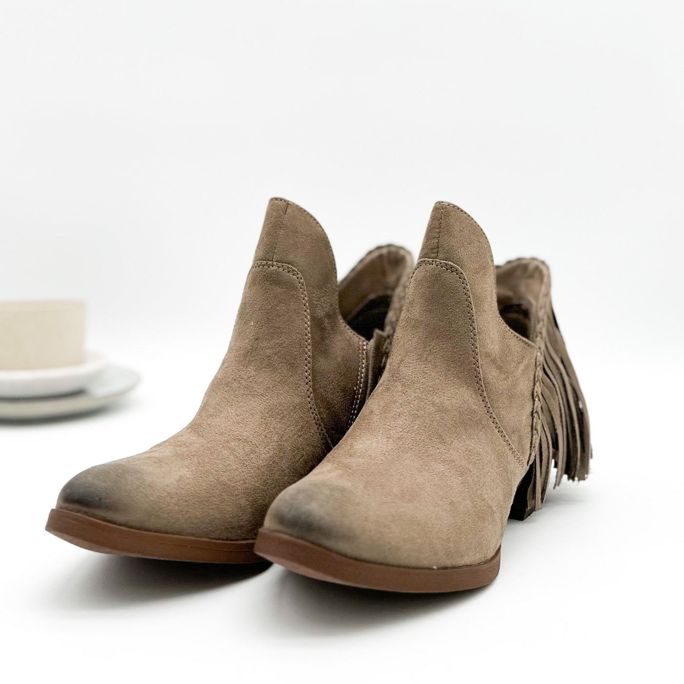 Braxton Western Fringe Ankle Boot in Taupe - Glamourous Grace