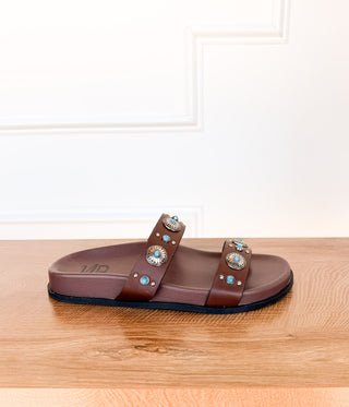 Briallen Western Studded Turquoise Sandal in Chocolate - Glamourous Grace