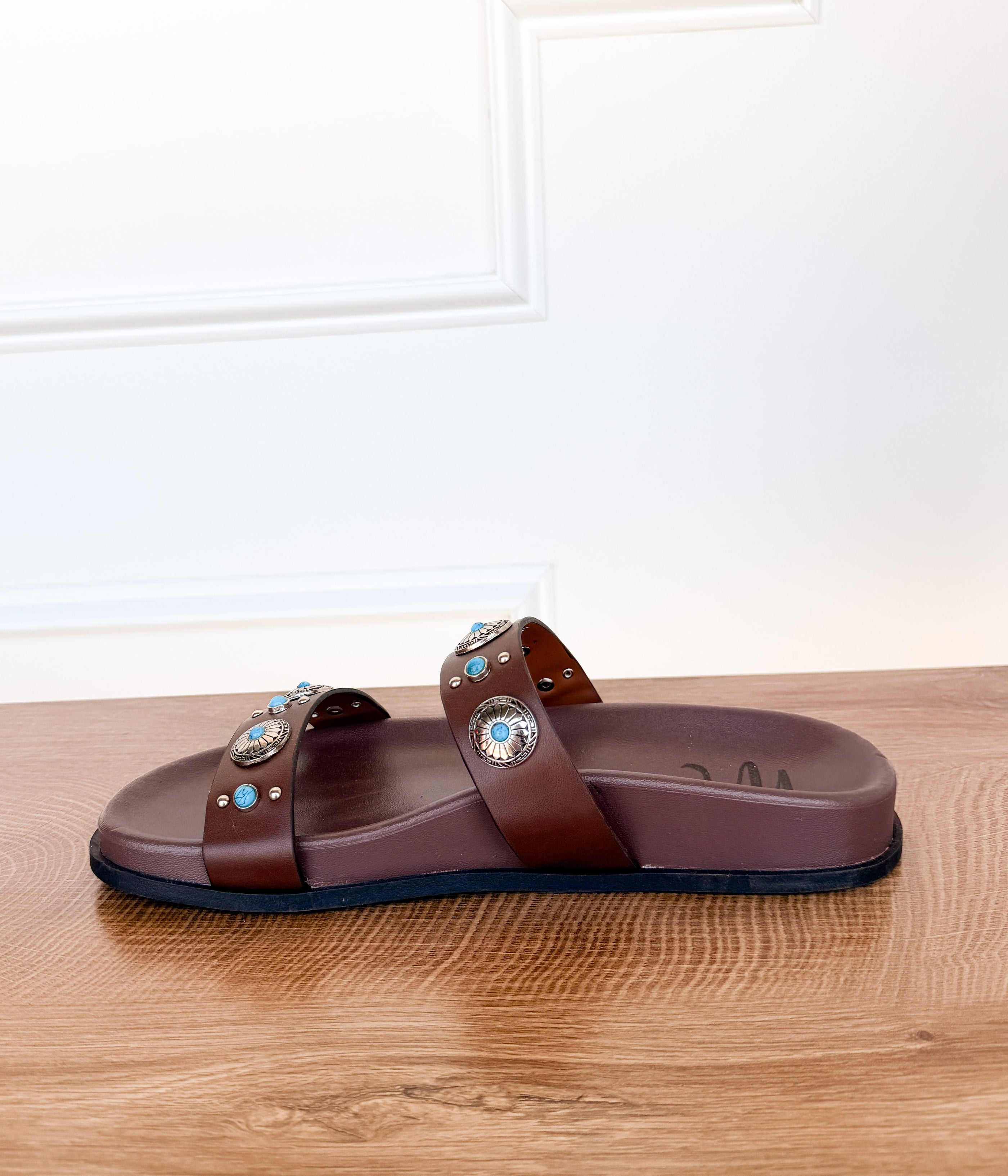 Briallen Western Studded Turquoise Sandal in Chocolate - Glamourous Grace