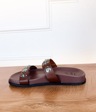 Briallen Western Studded Turquoise Sandal in Chocolate - Glamourous Grace
