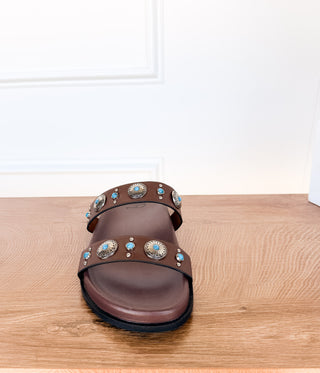 Briallen Western Studded Turquoise Sandal in Chocolate - Glamourous Grace