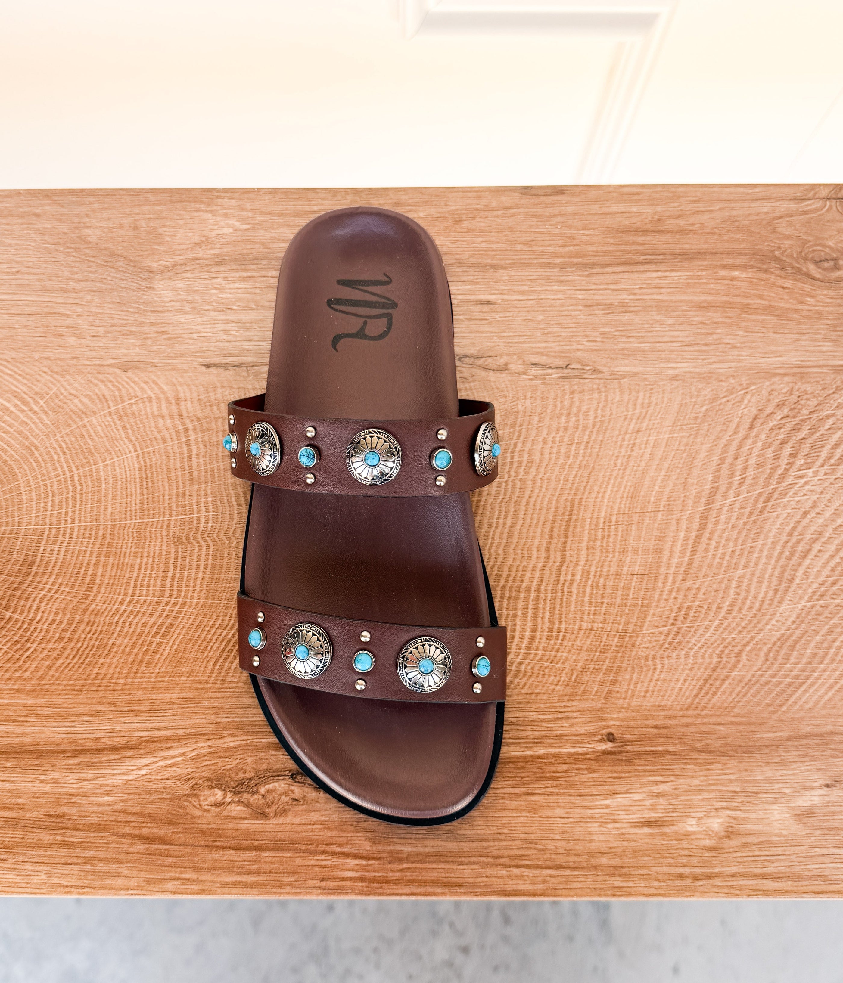 Briallen Western Studded Turquoise Sandal in Chocolate - Glamourous Grace