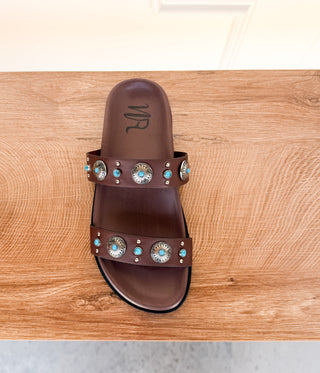 Briallen Western Studded Turquoise Sandal in Chocolate - Glamourous Grace