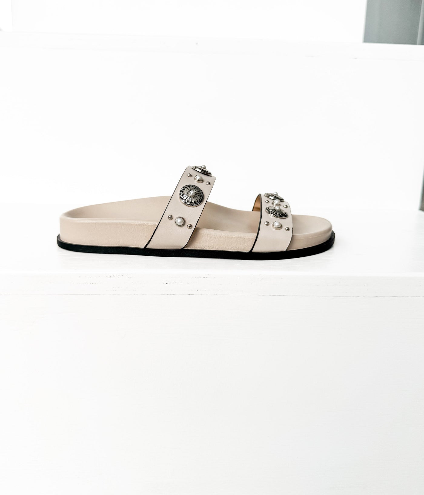 Briallen Western Studded Pearl Sandal in Cream - Glamourous Grace