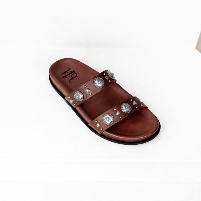 Briallen Western Studded Turquoise Sandal in Chocolate - Glamourous Grace