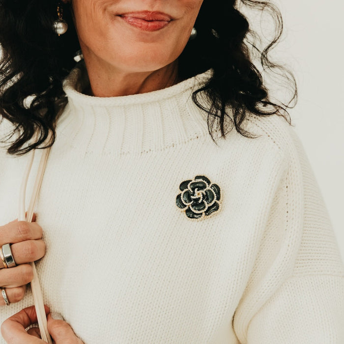 Black Flower Brooch with Pearl Trim - WATERPROOF - Glamourous Grace