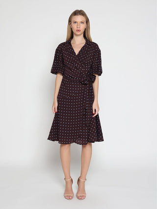 Brown polka dot wrap dress