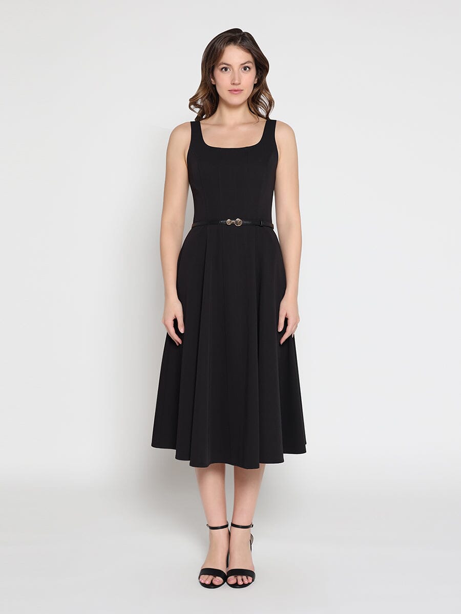 Buckle Belted Square Neck  A-Line Sleeveless Dress - Glamourous Grace