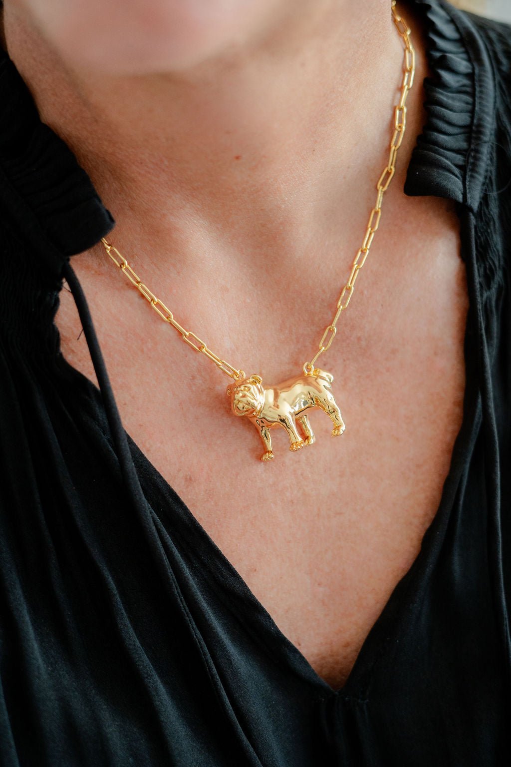 Bulldog Body - 3D Gold Charm Necklace - 18k Gold Plated - Paperclip Chain - Glamourous Grace