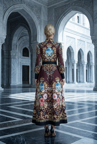 Burgundy Baroque Print Belted Maxi Dress