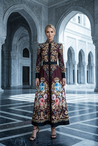 Burgundy Baroque Print Belted Maxi Dress