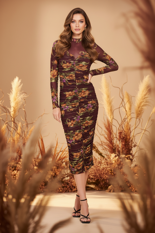 Burgundy Ruched Floral Mesh Midi Editorial