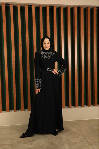 Women's Black Abaya with Rhinestones - Elegant Islamic Clothing for Special Occasions - Glamourous Grace