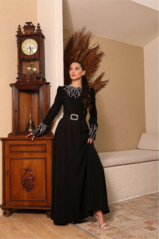 Women's Black Abaya with Rhinestones - Elegant Islamic Clothing for Special Occasions - Glamourous Grace