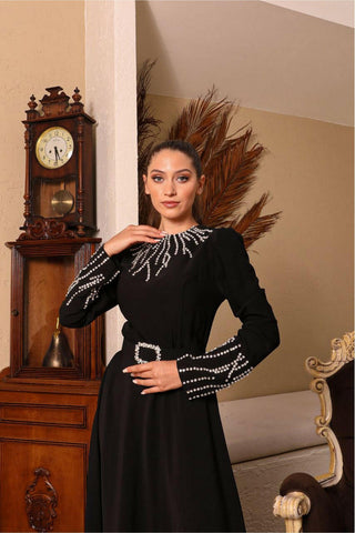Women's Black Abaya with Rhinestones - Elegant Islamic Clothing for Special Occasions - Glamourous Grace
