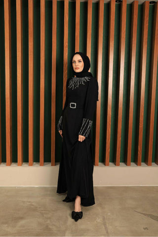 Women's Black Abaya with Rhinestones - Elegant Islamic Clothing for Special Occasions - Glamourous Grace