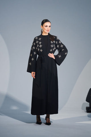 Handmade Crystal Embellished Motifs Abaya-Kimono - Glamourous Grace