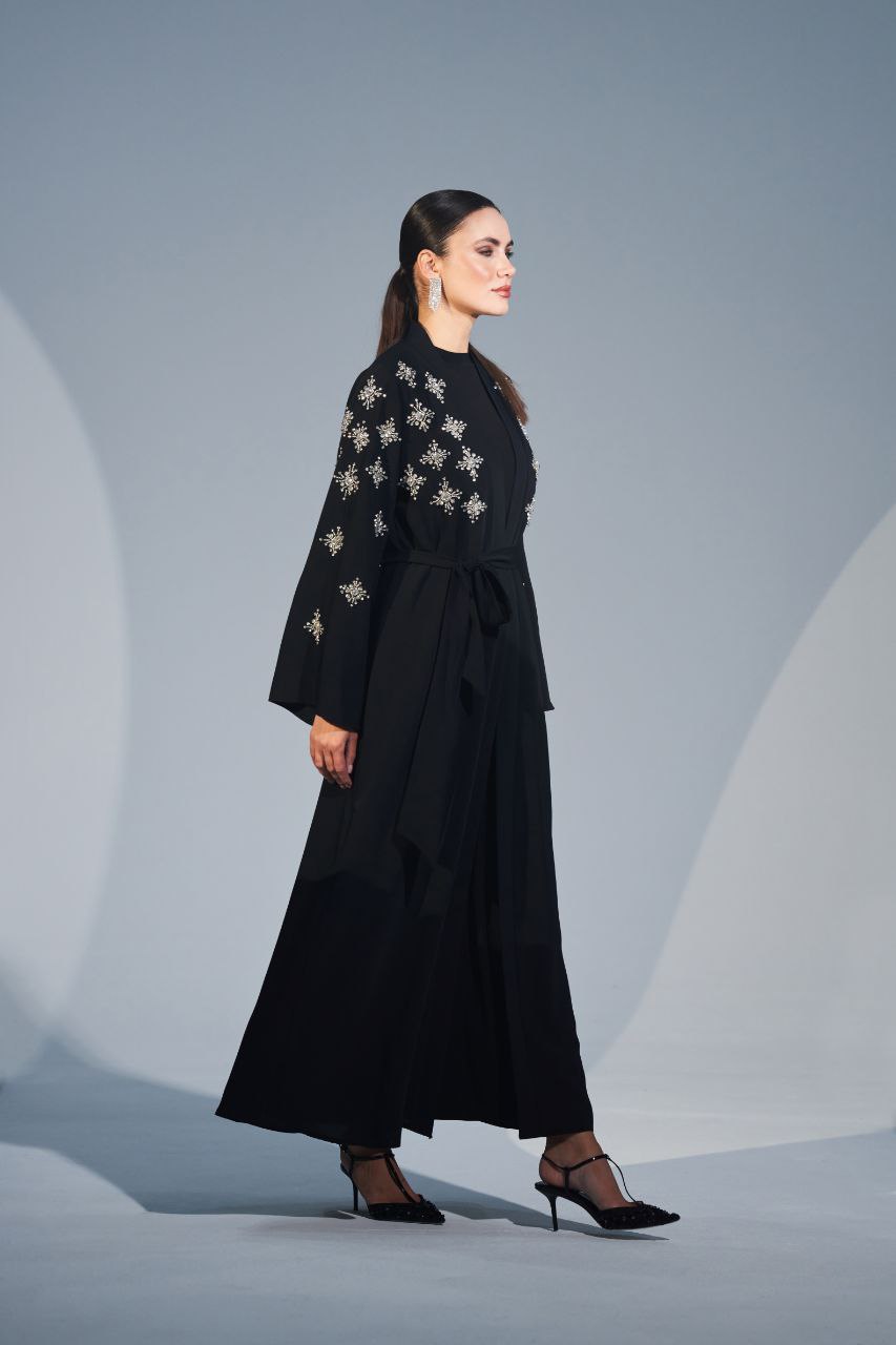 Handmade Crystal Embellished Motifs Abaya-Kimono - Glamourous Grace