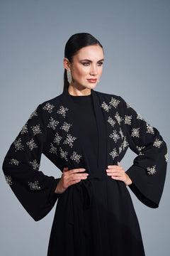 Handmade Crystal Embellished Motifs Abaya-Kimono