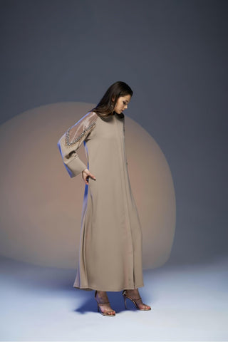 By Baano Anna open Abaya with embellished sleeves, featuring elegant design and flowing fabric for a stylish modest look.