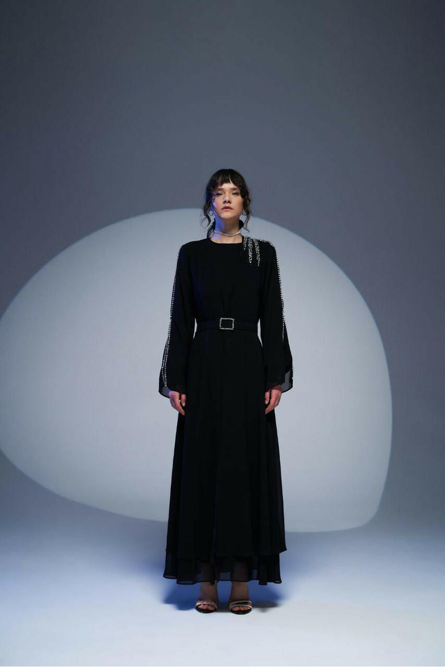 Black Open Abaya Belted Open Front and Sequins - Glamourous Grace