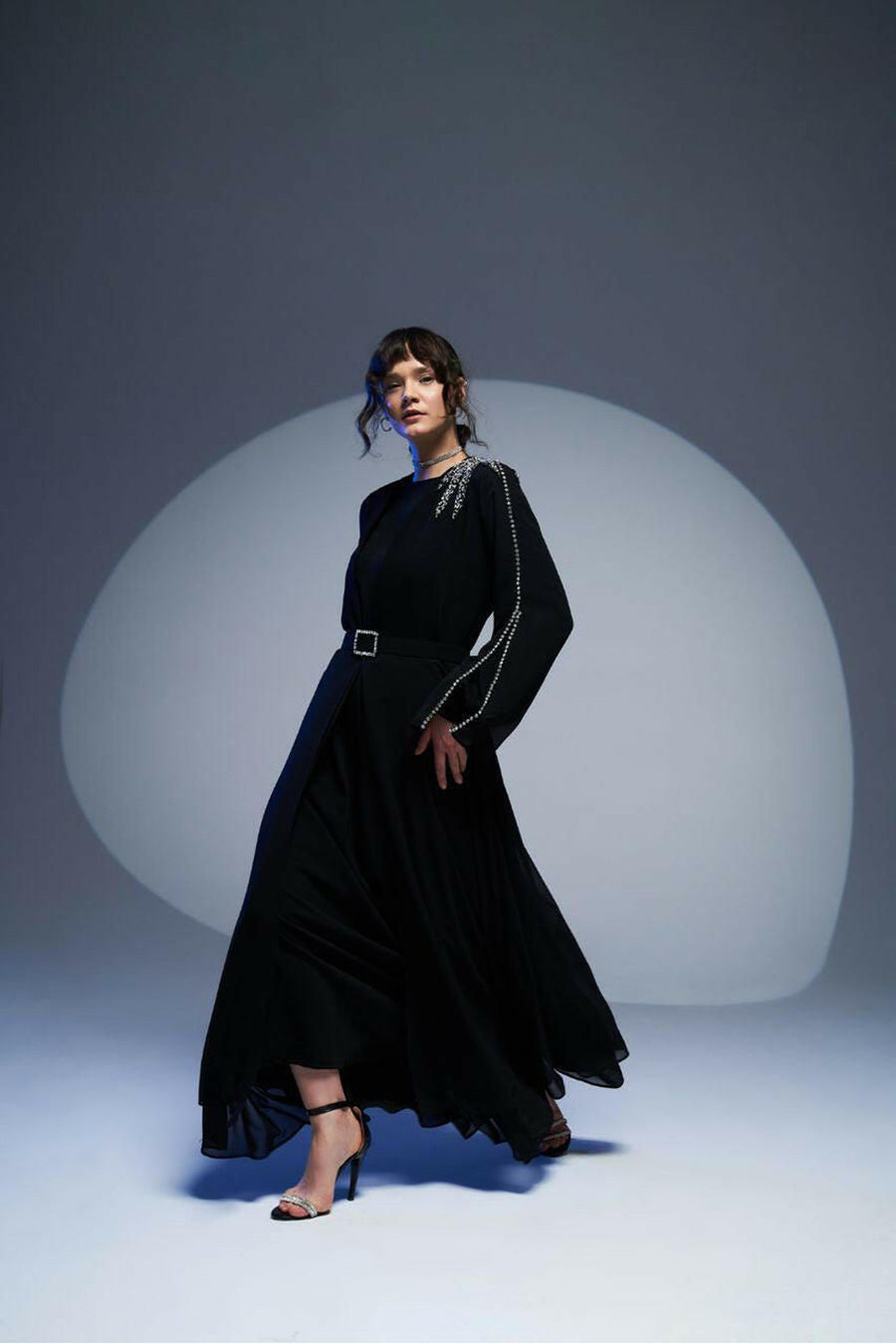 Black Open Abaya Belted Open Front and Sequins - Glamourous Grace