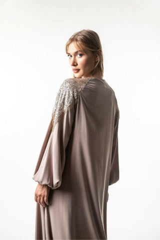 BY Baano Zoie Long Abaya with front zipper, flowing black abaya featuring sleek design and modest style.