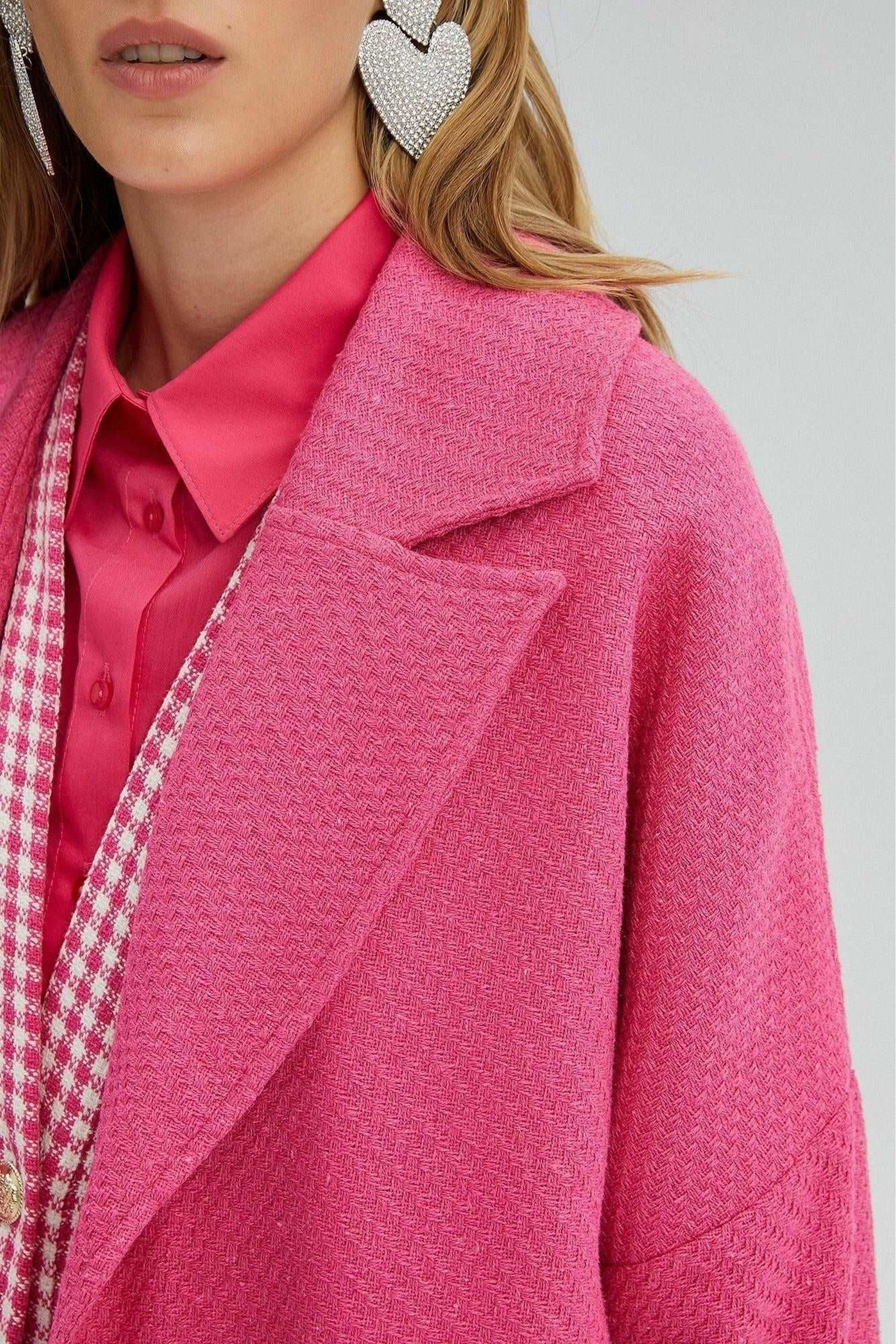 Pink Ladies Nina Tweeted Coat by Baano, stylish women's coat with textured fabric, front pockets, and a tailored fit.