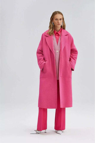 Ladies pink Nina Twittered coat by Baano, stylish fuchsia coat with tailored design, suitable for fashionable women's outerwear.