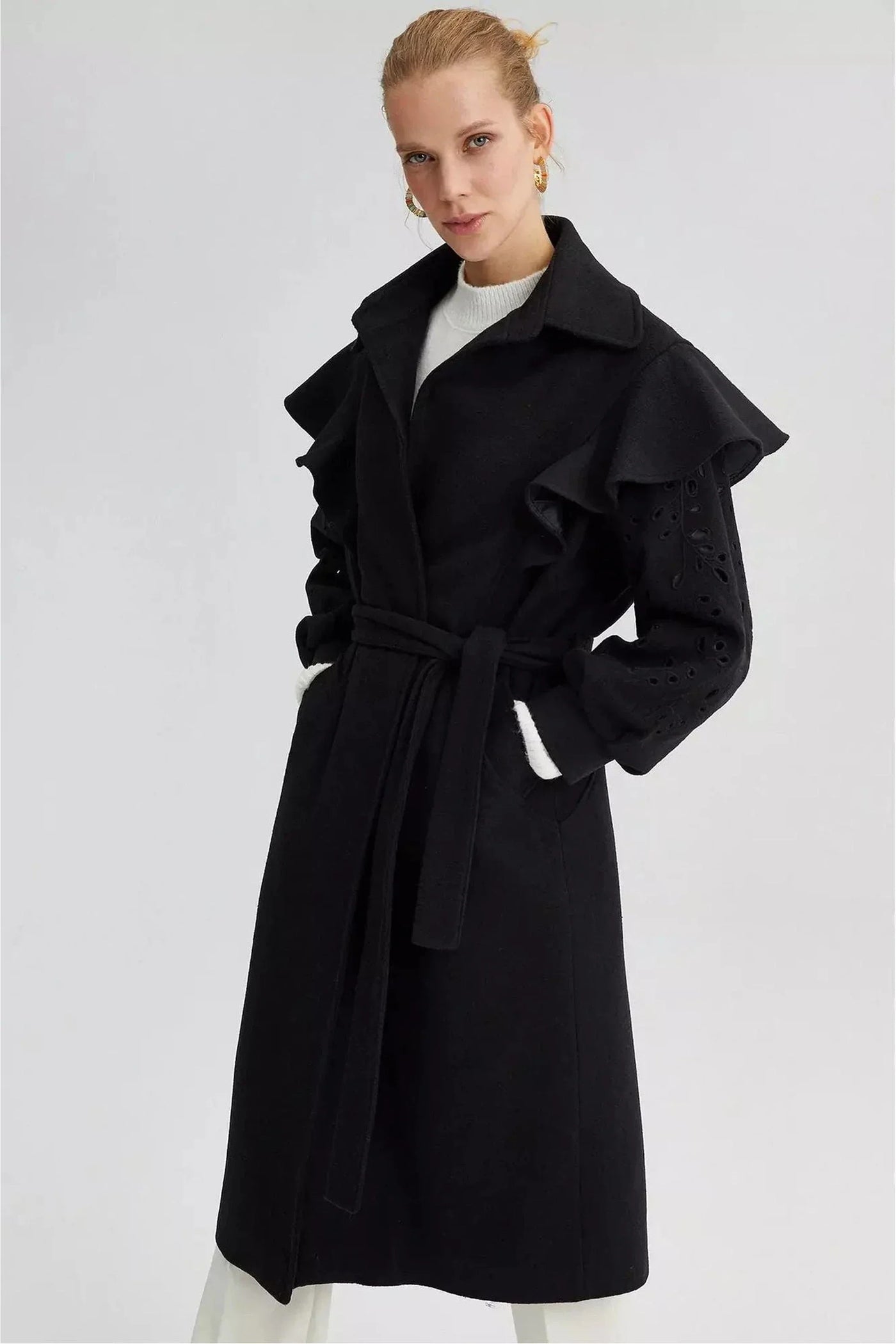 Lace Detailed Coat With Belt - Glamourous Grace