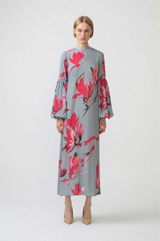 By Baano gray balloon long sleeve dress with floral pattern, stylish Zara-inspired dress for a chic look